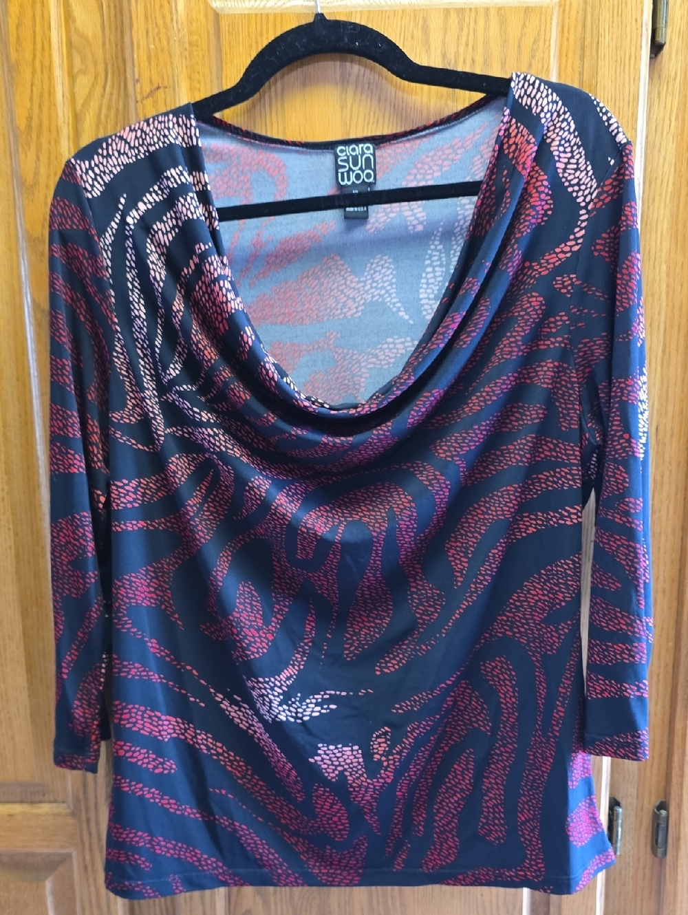 Clara Sun Woo Black Cowl Neck Top w/ Red,Pink,burgundy Exotic Patter XL